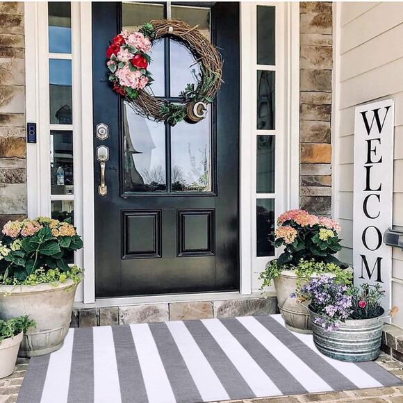 Earthall Other - Earthall 3’5’ Cotton Outdoor Gray White Striped Rug